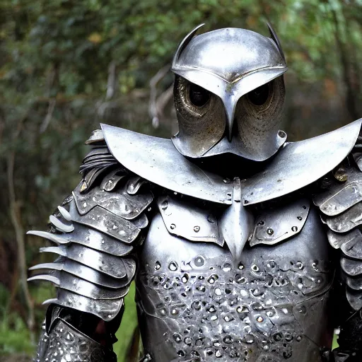 Prompt: photo of a warrior with metal owl armour