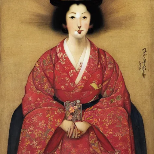 Prompt: museum quality portrait of yamaguchi momoe in kimono, by jan van eyck, tom bagshaw, jean delville, william bouguereau, albrecht durer