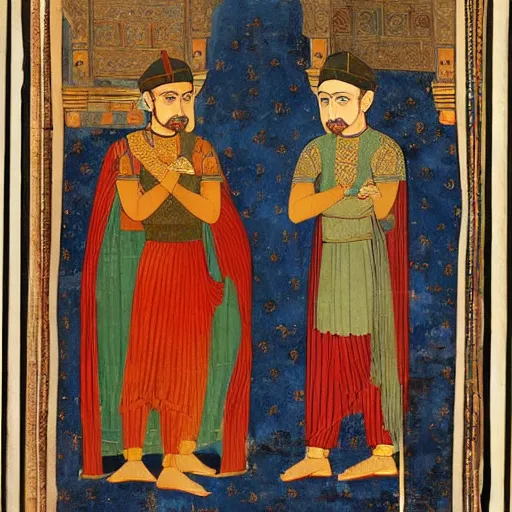 Image similar to emperor and muad'dib paul atreides, pensive, bright blue eyes, mughal painting style, abd al - samad, mir sayyid ali, farrukh beg, basawan.