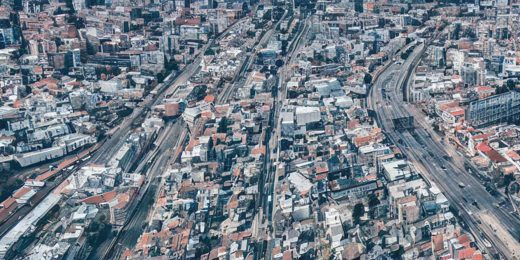 Image similar to drone view of a city with a large road through, Brutalist architecture,sharp focus,telephoto lens,digital art,John J. Park 4k