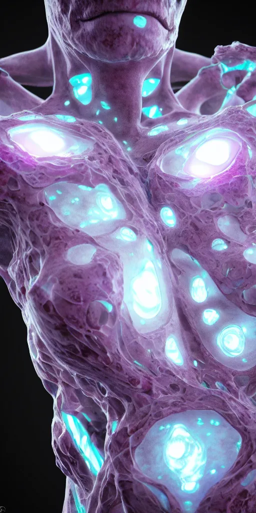 Image similar to ultra realistic render, ethernal chaos and healing bone formations and transparent glow tears, bio mechanic, abstract, caustic lights, hyper realistic, hyper detalied, octane render, 8 k