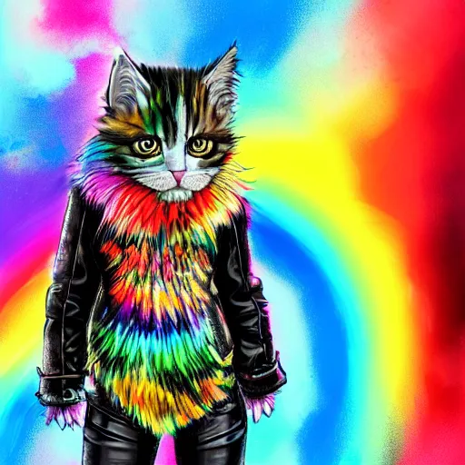 Image similar to wide angle full body, jacket wearing fluffy cute rainbow kitten wearing a black leather motorcycle jacket, cinematic concept art