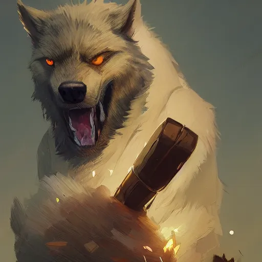 Prompt: a portrait of a cute handsome cuddly soft werewolf using a wooden club character concept art masterpiece digital art by Greg Rutkowski, Simon Stalenhag, trending on Artstation, CGSociety