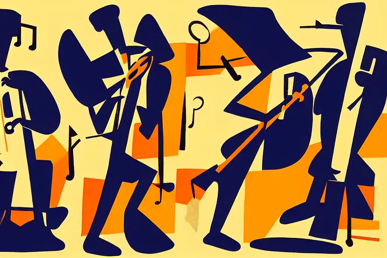 Prompt: 3 jazz musicians, head and shoulders playing with musical notes as abstract art in the style of Stuart Davis,shading, matte illustration