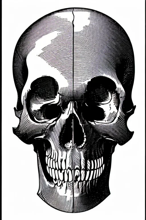 Image similar to one anatomical skull on white background, art by james o barr and albrecht durer, woodblock print, engraved, black and white, vector, vector art