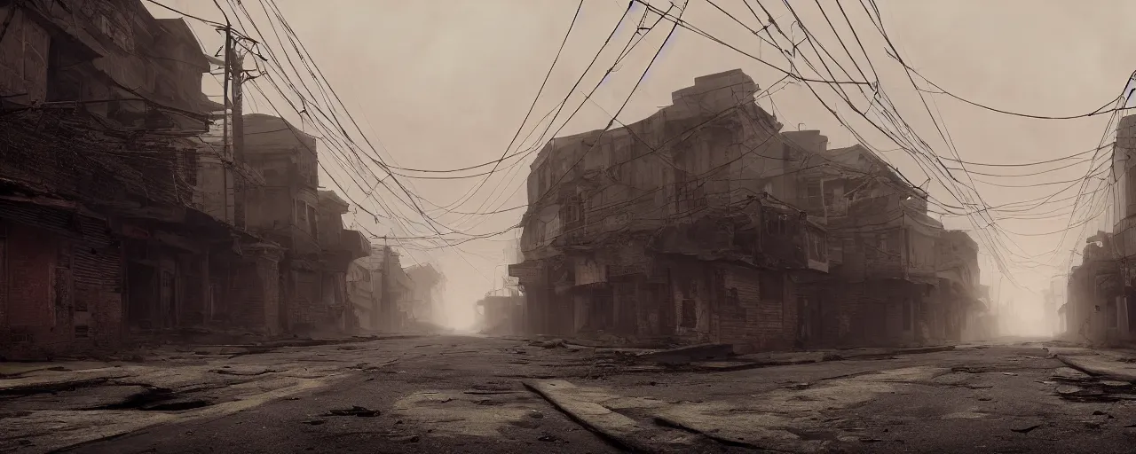 Prompt: Abandoned streets of Kashmir in the year 4200AD, dark and misty, lightning storm, vibrant colors, by Stephen King, misty, moody, sinister, cinematic lighting, cinematic color grading, 8k render, hyperrealistic, ultra HD, Unreal Engine 5 render