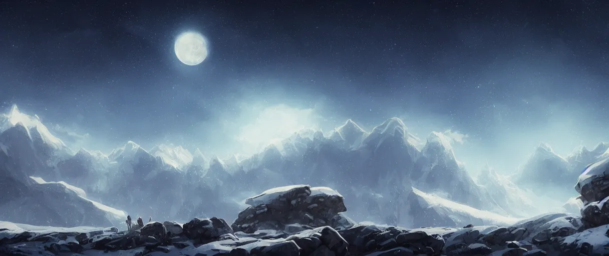 Image similar to snowy mountain range, stars in sky, whales flying in clouds, digital painting, concept art, high detail, style of Jordan Grimmer, fluffy calm clouds, matte painting, high res, moon shine, volumetric, starry sky