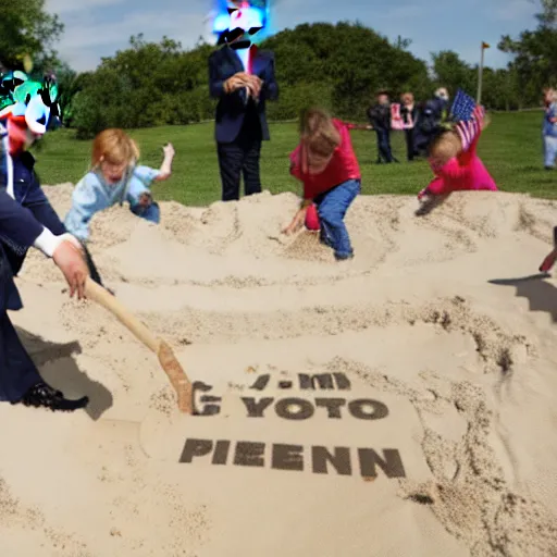 Image similar to trump is playing in a sandbox with his name on it but won't let other kids play, gettyimages,