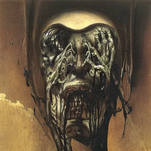 Image similar to a painting by beksinski, Giger, and Caravaggio