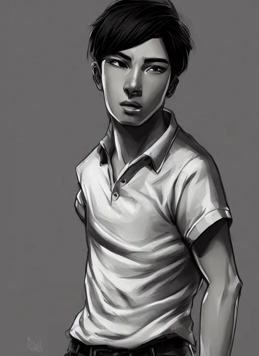 Prompt: a highly detailed illustration of fierce short black haired young half white half asian man wearing polo shirt, dramatic thinking pose, intricate, elegant, highly detailed, centered, digital painting, artstation, concept art, smooth, sharp focus, league of legends concept art, WLOP