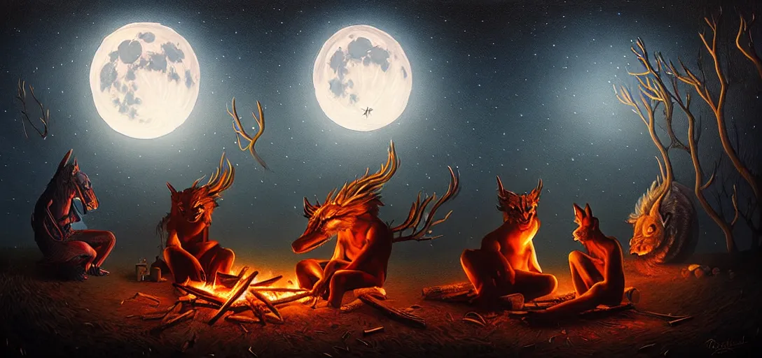 Image similar to strange mythical beasts of sitting around a fire under a full moon, surreal dark uncanny painting by ronny khalil