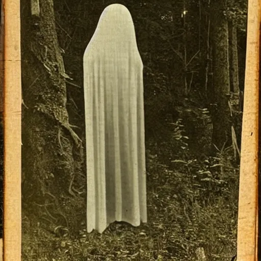 Prompt: scary unproportionally large ghost creature in the woods, 1900s picture