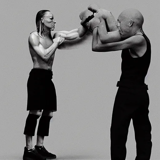 Image similar to Rick Owens gets punched in the face, photorealism, film still