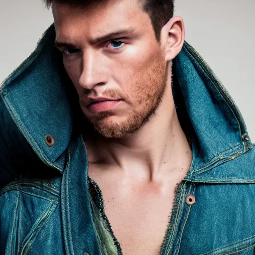 Prompt: an award - winning closeup photo of a male model wearing a baggy teal distressed medieval cloth menswear jacket by alexander mcqueen, 4 k, studio lighting, wide angle lens