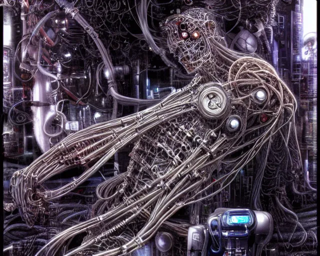 Image similar to photo of a biomechanical torso of a cyborg plugged into a quantum computer with cables and wires. cyberpunk horror style. art by luis royo. highly detailed 8 k. intricate. nikon d 8 5 0 5 5 mm. award winning photography.