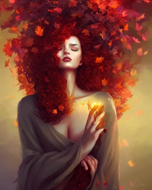 Image similar to beautiful autumn priestess with curly red - hair, flurry of leaves and flowers, warm aura, artgerm, peter mohrbacher, alena aenami, artstation