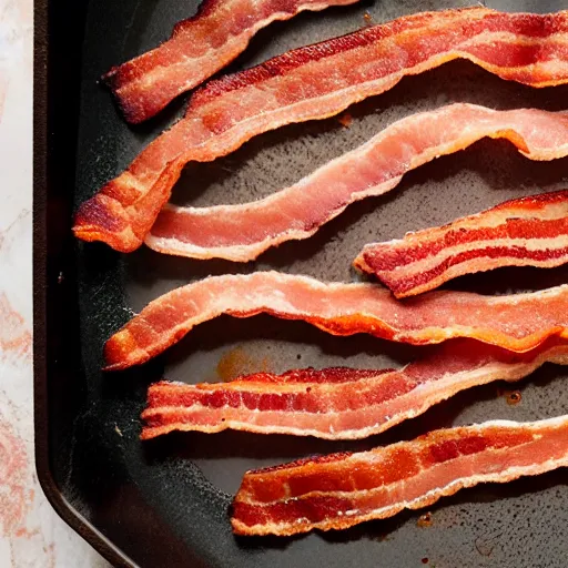 Prompt: bite sized bacon strips sizzling on a pan