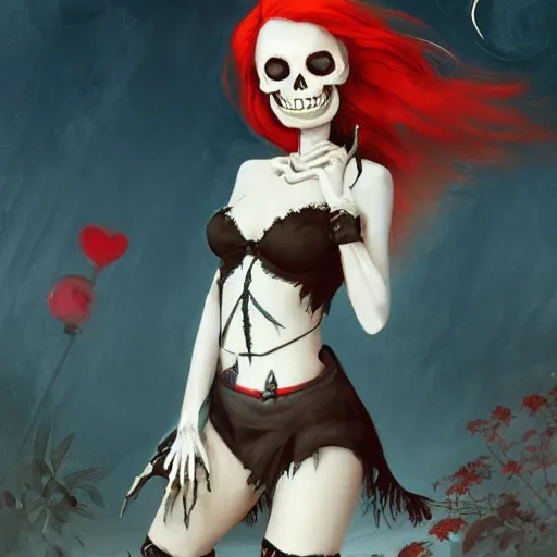 Image similar to cute & beautiful smug smiling undead skeleton girl with red hair dressed as a very attractive witch, elegant, digital art, fantasy, pixar style, painting, pin up, highly detailed, artstation, art by artgerm, vrubel, greg rutkowski, ilya kuvshinov, raymond swanland