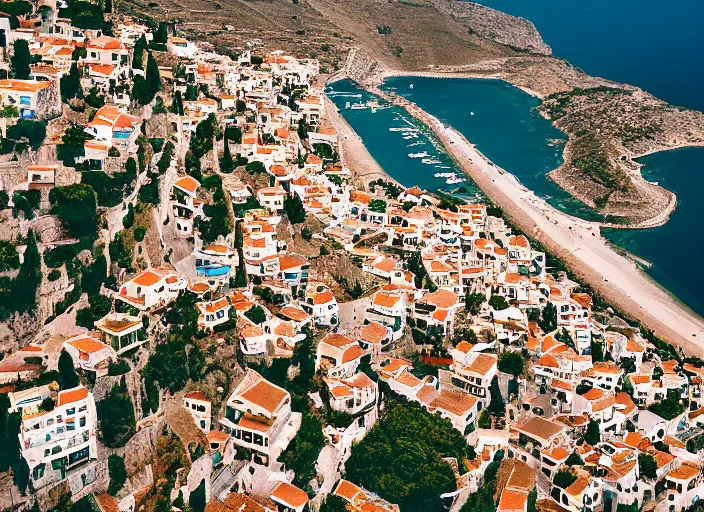 Prompt: symmetry!! a 2 8 mm macro aerial view of a beautiful seaside town in greece, photography, film, film grain, canon 5 0 mm, cinematic lighting