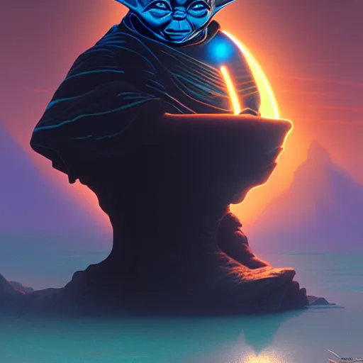 Image similar to tron yoda in front sunset, cliffside ocean scene, backlit, diffuse lighting, hyper realistic, elegant, intricate, hyper detailed, smooth, sharp focus, concept art, illustration, trending on artstation, art by artem demura, greg rutkowski, james gurney, and alphonse mucha