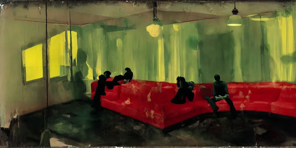 Prompt: realistic lovers collapsed in a the cafe void, curtains, spasms, college girls, couches melting, painted by Edward Hopper, Adrian Ghenie, 8k, Peter Doig, photorealistic, polaroid, melting paint drips