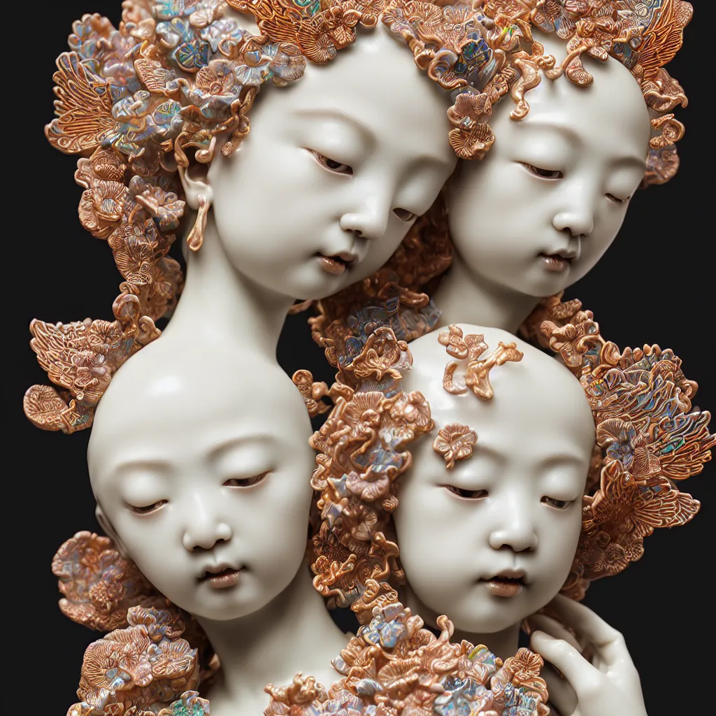 Prompt: A Close up photo-real delicate ceramic porcelain sculpture of an angel ornate detailed in front of an intricate background by Victo Ngai and takato yamamoto, micro detail, backlit lighting, face in focus, translucent, thin porcelain, octane renderer, colorful, physically based rendering, japanese pottery