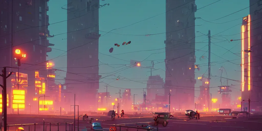 Image similar to city, building, cars, neon lights, night time, park, people, happy town, by Goro Fujita and Simon Stalenhag , 8k, trending on artstation, hyper detailed, cinematic