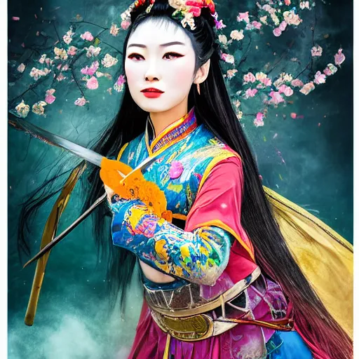 Prompt: A comic book style portrait painting of a gorgeous sword dance Chinese costume woman , long hair, smoke, feathers flying, flowers rain everywhere, full body XIANXIA, Chinese temple, depth of field, 4k