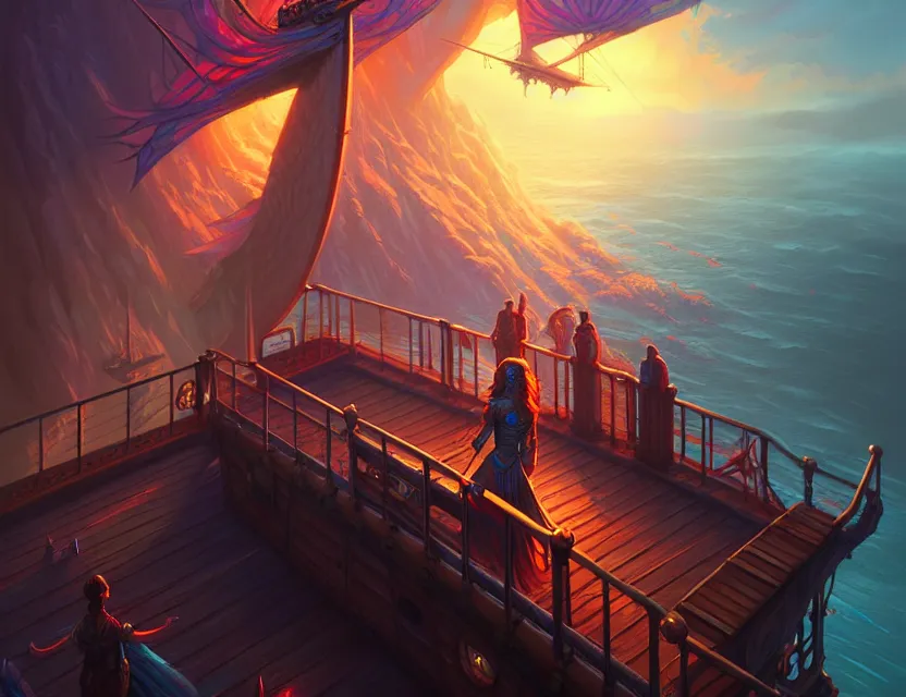 Prompt: standing upon the deck of the flying ship, d & d fantasy art, artstation contest winner, beautiful digital painting in the style of dan mumford, art by kev chan, volumetric lighting, concept art, speedpainting, fantasypunk, deep colors, cgsociety, by gerald brom