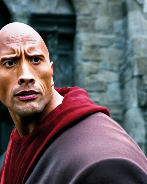 Image similar to film still close up shot of dwayne johnson as harry potter from the movie harry potter and the philosopher's stone. photographic, photography