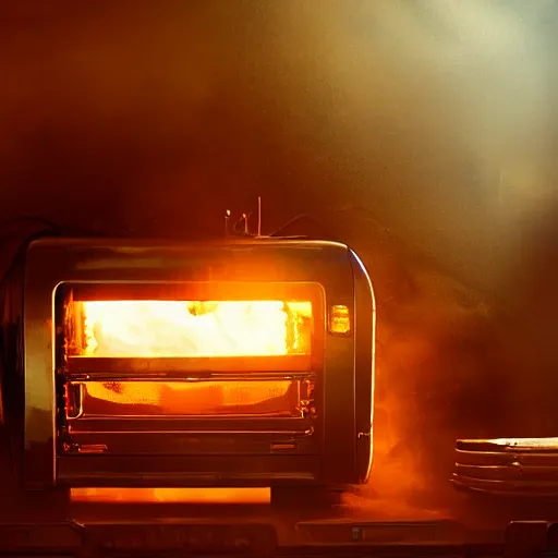 Image similar to toaster oven terminator robot, dark messy smoke - filled cluttered workshop, dark, dramatic lighting, orange tint, sparks, plasma charge, cinematic, highly detailed, sci - fi, futuristic, movie still