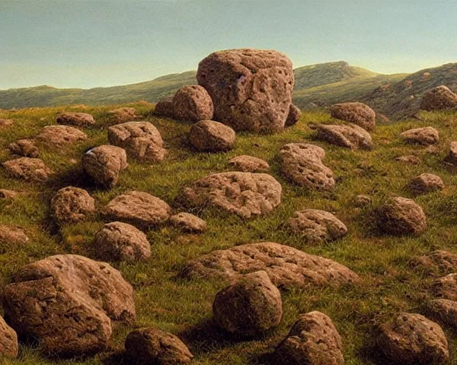 Image similar to a high hill landscape with a circle of large stones in the shape of a finger on the top, by ted nasmith