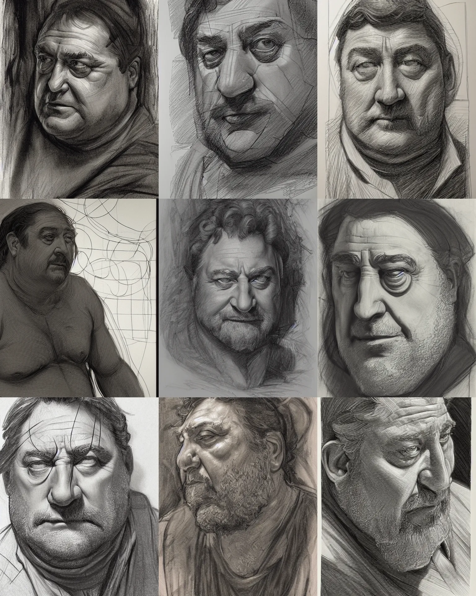 Prompt: linework construction lines preliminary vine charcoal portrait of john goodman, by donato giancola, andrew loomies, burne hogarth, michelangelo, leonardo da vinci