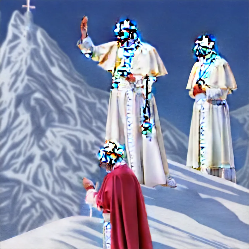 Image similar to pope benedict standing on a snowy mountain slope. skiing. wearing long white dress. blessing with the hand. detailed cloth, detailed face. concept art. matte painting