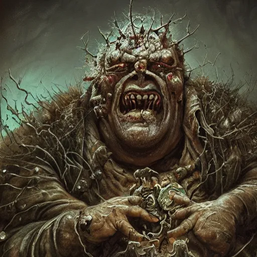 Image similar to closeup portrait shot of john candy as nurgle, the lord of pestilence, the plaguefather, great corrupter, decay, highly detailed, digital painting, artstation, concept art, soft focus, depth of field, artgerm, tomasz alen kopera, peter mohrbacher, donato giancola, wlop, boris vallejo