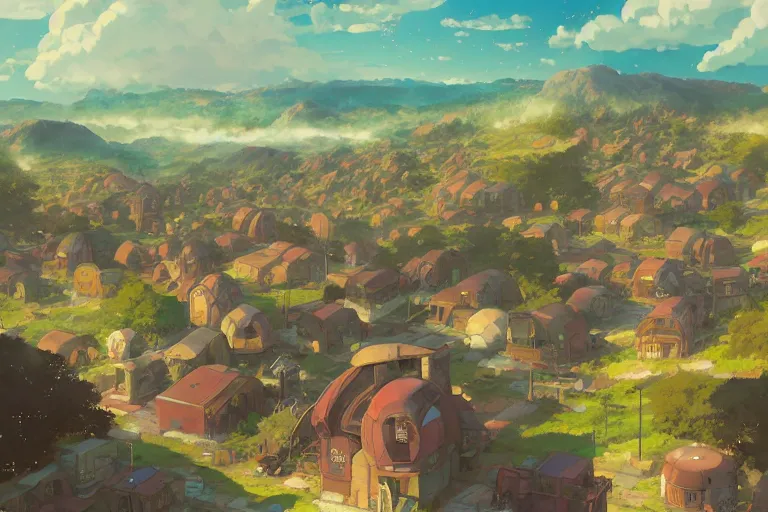 Prompt: abandoned steam punk village on a mountain look from above, fogged in the colorful clouds style of makoto shinkai studio ghibli, james gilleard greg rutkowski chiho aoshima, rule of thirds golden ratio, fake detail, trending pixiv fanbox