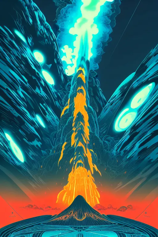 Prompt: artwork by kilian eng and toshi yoshida showing a futuristic powerstation!! in front of a ( ( exploding volcano ) ), vintage scifi, high details, dramatic lightning,, 8 k