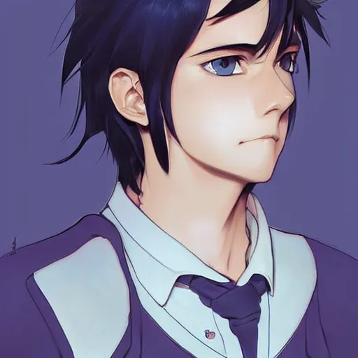 Image similar to small boy with black hair and blue purple eye, school uniform, anime style, hyper detailed, illustration, digital painting, art by artgerm and greg rutkowski and alphonse mucha, high delicate defined details, anime stylized, highly detailed, realistic, sharp focus