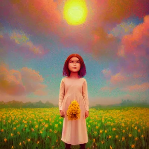 Image similar to girl with a enlarged up flower as a face, surreal photography, dream, standing in flower field, hills, big trees, sunrise dramatic light, impressionist painting, colorful clouds, digital painting, pointillism, artstation, simon stalenhag, flower face