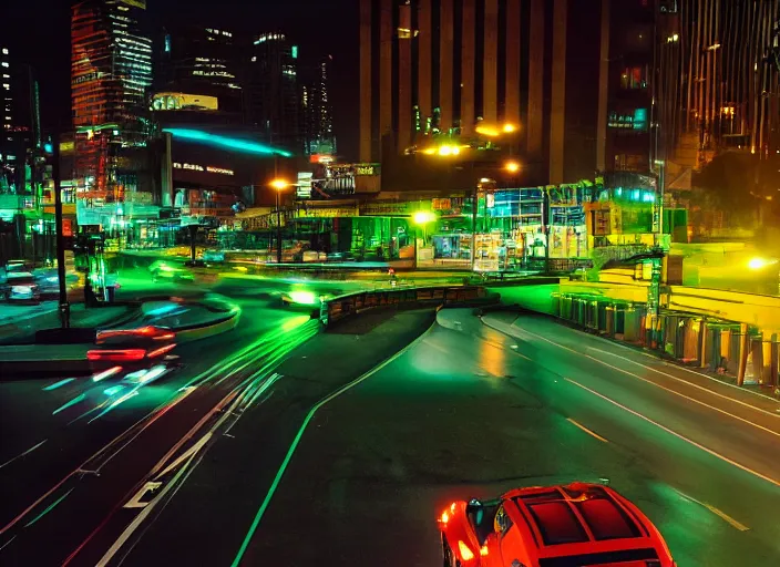 Image similar to a film still of a tonka truck driving in forward direction through a neon green city at night, cinematic