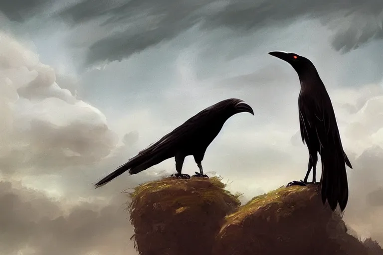 Image similar to red - eyed scary gigantic crow standing on top of a hill, looking down, cloudy sky in the background, digital painting, epic, pokemon style, earth type pokemon, smooth, trending on artstation, professional painting, made by greg rutkowski