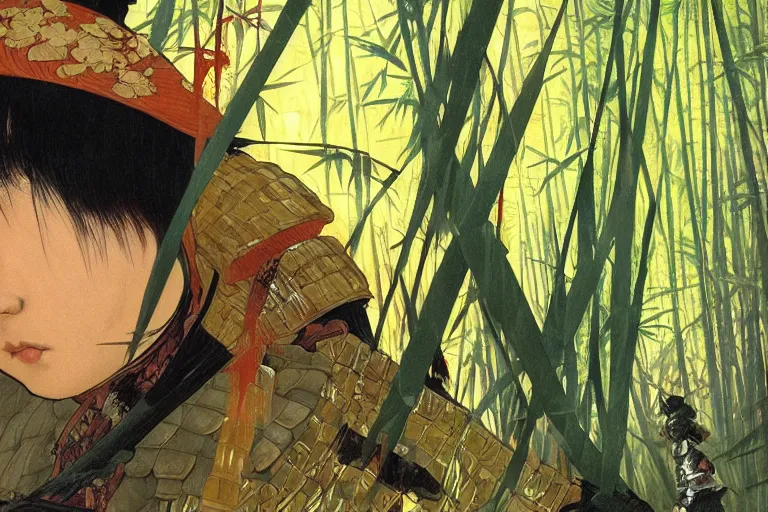 Image similar to close up of a wounded samurai in full armor being tendered by a kunoishi, in a mysterious and bamboo forest, golden hour, by fiona staples, range murata, alphonse mucha