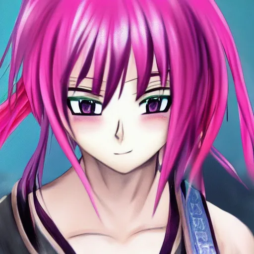 Prompt: high quality anime art of the face of an anime samurai girl with pink hair, animation, semi realistic