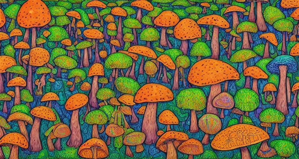 Image similar to A tribal village in a forest of giant mushrooms, by Alex Grey ,