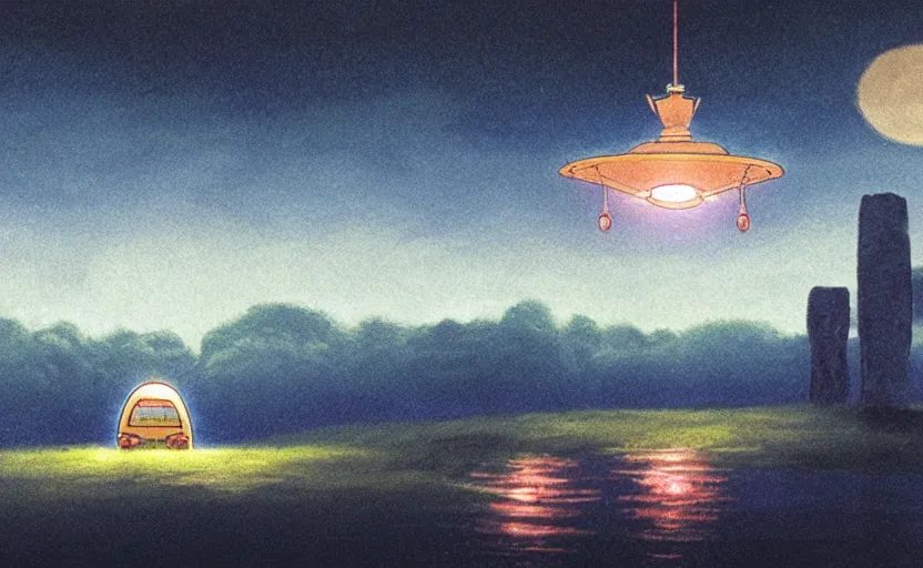 Prompt: a cell - shaded studio ghibli concept art of a ufo shining a spotlight on a caravan in a flooded stonehenge jungle on a misty starry night. very dull colors, hd, 4 k, hq