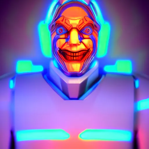 Image similar to robot joker neon glowwave, clouds, glowwave, digital art, artstation, unreal render