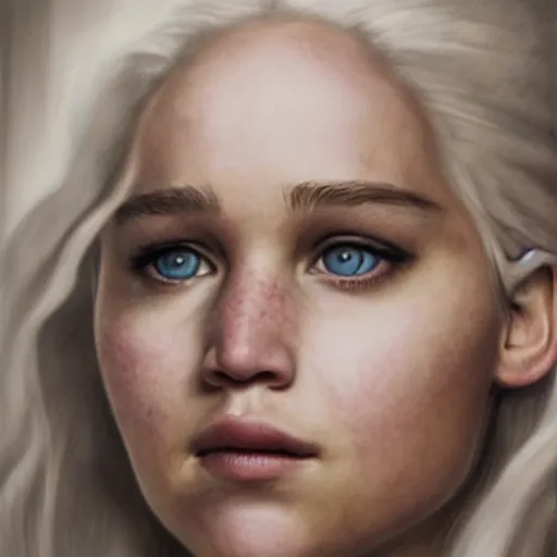 Image similar to portrait of the daughter of daenerys targaryen and jennifer lawrence as a young woman, hyperdetailed, hyperrealism.