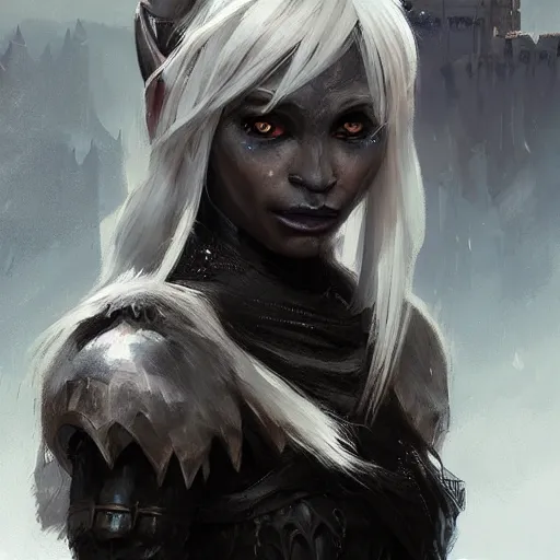 Image similar to closeup portrait of a drow elf, dungeons and dragons character, castle background, gorgeous view, realistic, high detail, digital art, painted by greg rutkowski, painted by jeremy mann, trending on artstation