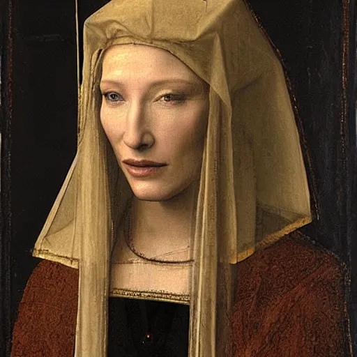 Image similar to painting of cate blanchett as a saint by leonardo davinci