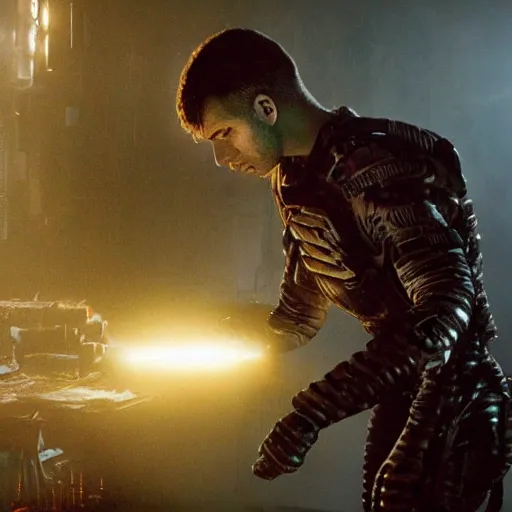 Image similar to augmented human repairing weapon made from old egg beater, dark messy smoke - filled cluttered workshop, dark, dramatic lighting, orange tint, cinematic, highly detailed, sci - fi, futuristic, movie still from blade runner